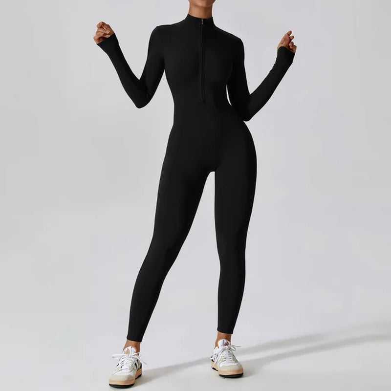 CUTIES Zip Front Body Suits for Womens Long Sleeve Shapewear Gym Set Compression Workout Clothes Active Wear Yoga Fitness Suit